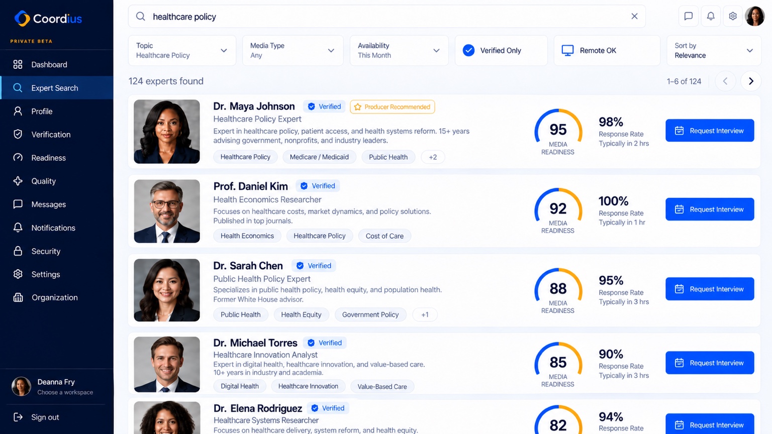 Coordius expert search preview showing healthcare specialists, credentials, media readiness, and interview request buttons