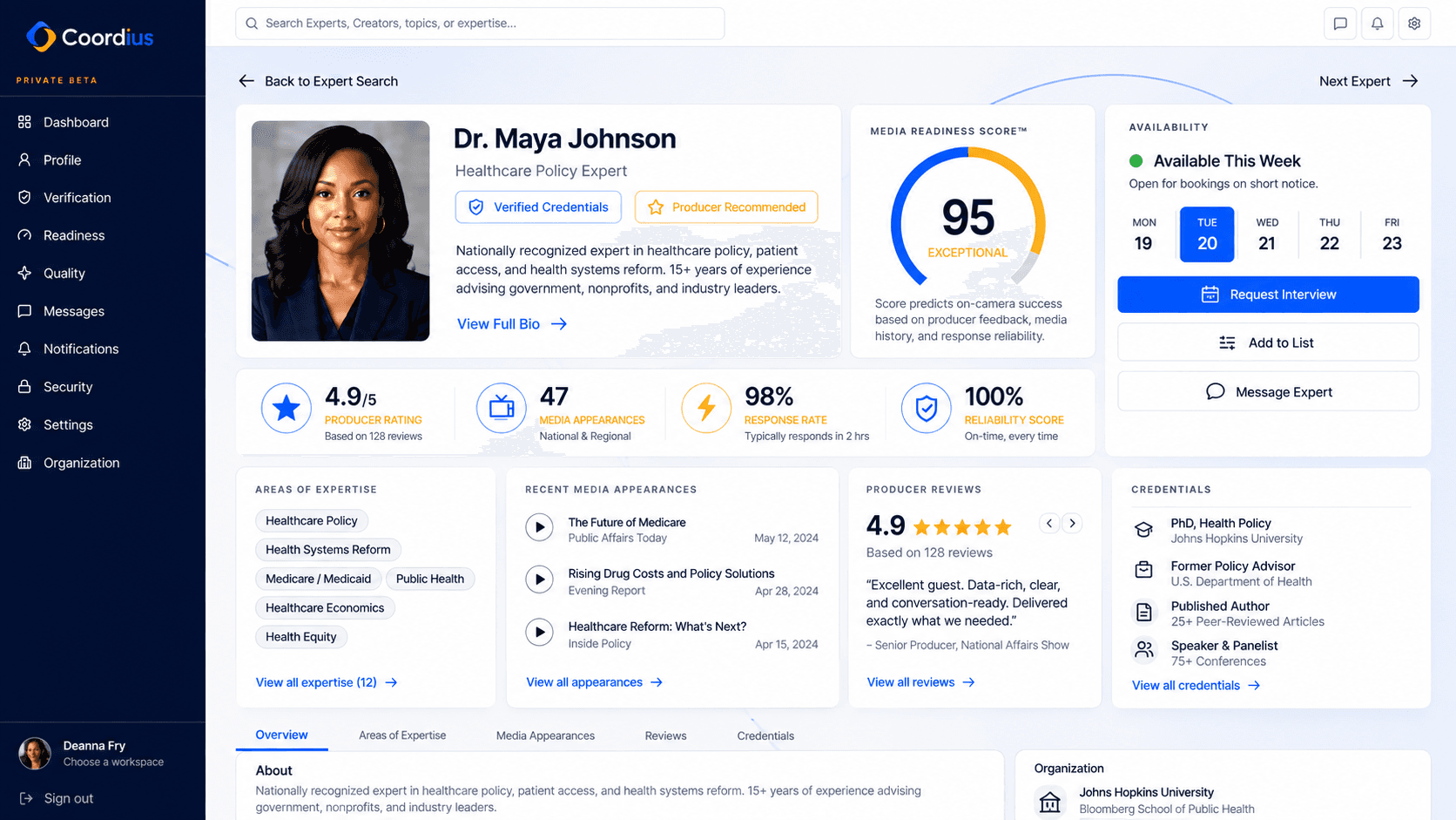 Coordius expert media profile preview showing credentials, media experience, readiness, reviews, and interview booking